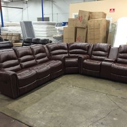 Brown Leather Wrap Around Reclining Theatre Style Sectional 