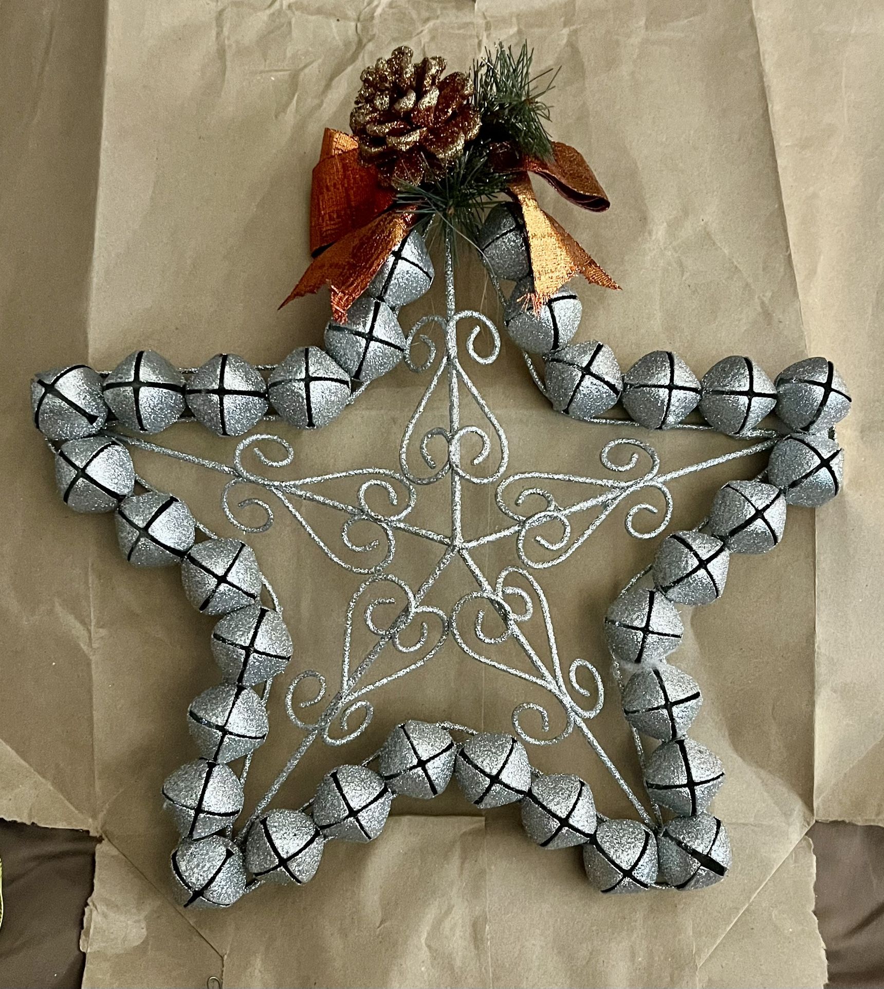 Hand Crafted 14” Silver Wired Frame Glittered Sleigh Bell Star