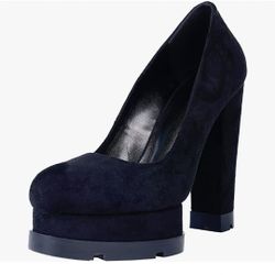 NEW - Women's Platform Block Chunky High Heels Pumps Comfortable Almond Toe Suede Slip On Black Size 6