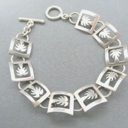 7.75" Solid Sterling Silver Framed Palm Tree Bracelet w Toggle Clasp