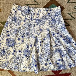 Clockhouse Vintage A-Line Skirt Womens L Blue White Floral Pottery Print Pleated sz 6 (UK10)