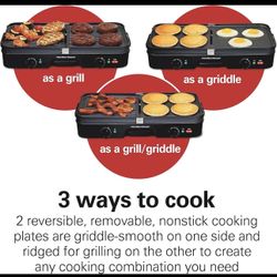 Hamilton Beach 3-in-1 Electric Indoor Grill + Griddle,Reversible Nonstick Plates