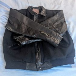 Vintage Brass Boar Leather & Wool Bomber Jacket