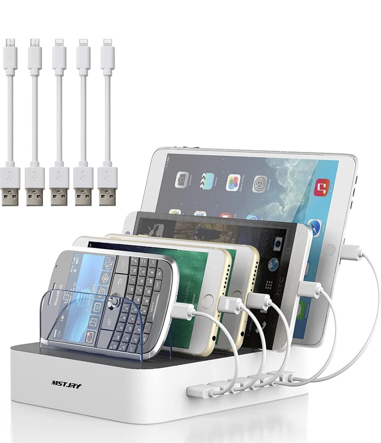 Charging Station for Multiple Devices, MSTJRY 5 Port Multi USB Charger Station with Power Switch Designed for iPhone iPad Cell Phone Tablets (White, 6