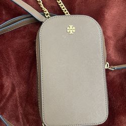 Tory Burch Mini Phone Crossbody – Beige Saffiano Leather – Gold Chain