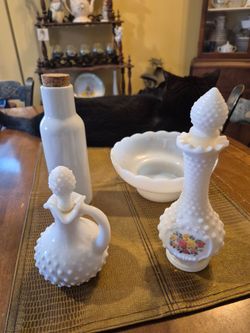 3 vintage milk glass items an one porcelain bottle