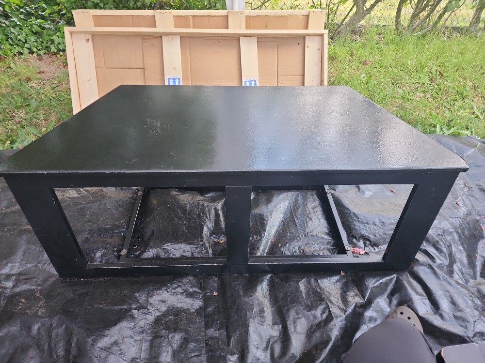 Modern Black TV Stand – Wood Top + Glass Shelves – 50" Wide