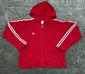 Adidas Performance Essentials Red Zip-Up Hoodie White 3 Stripes Size 2XL