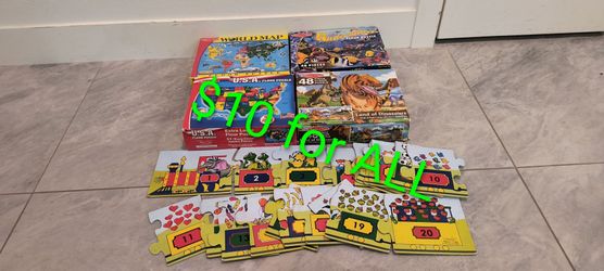 Melissa and Doug Floor Puzzles Underwater, Land of Dinosaurs, USA Map, World Map, Numbers 1-20 (All puzzles complete and pieces counted)