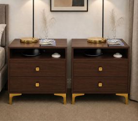 Set of 2 brown nightstands with gold legs & wireless charging station