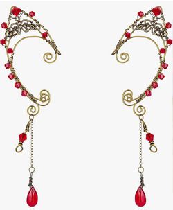 Elven Ear Cuff Set with Red Crystal Drops