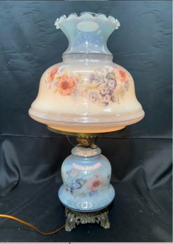 Vintage 25" Tall Blue Floral Accurate Casting Hurricane Lamp | 3-Way Light