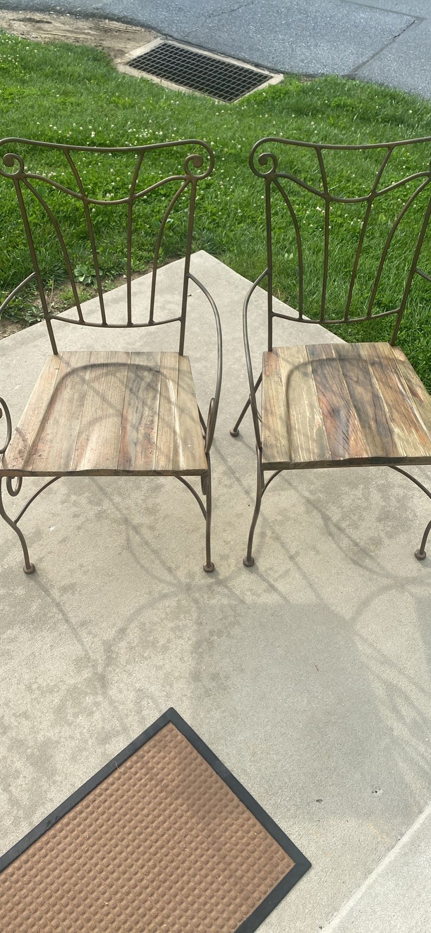 Pair of Vintage Wrought Iron & Wood Patio Armchairs