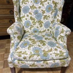 Floral Wood Framed Wing Back Armchair