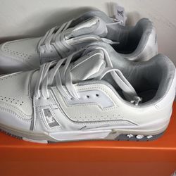 White And Tan Lv Trainer Shoes