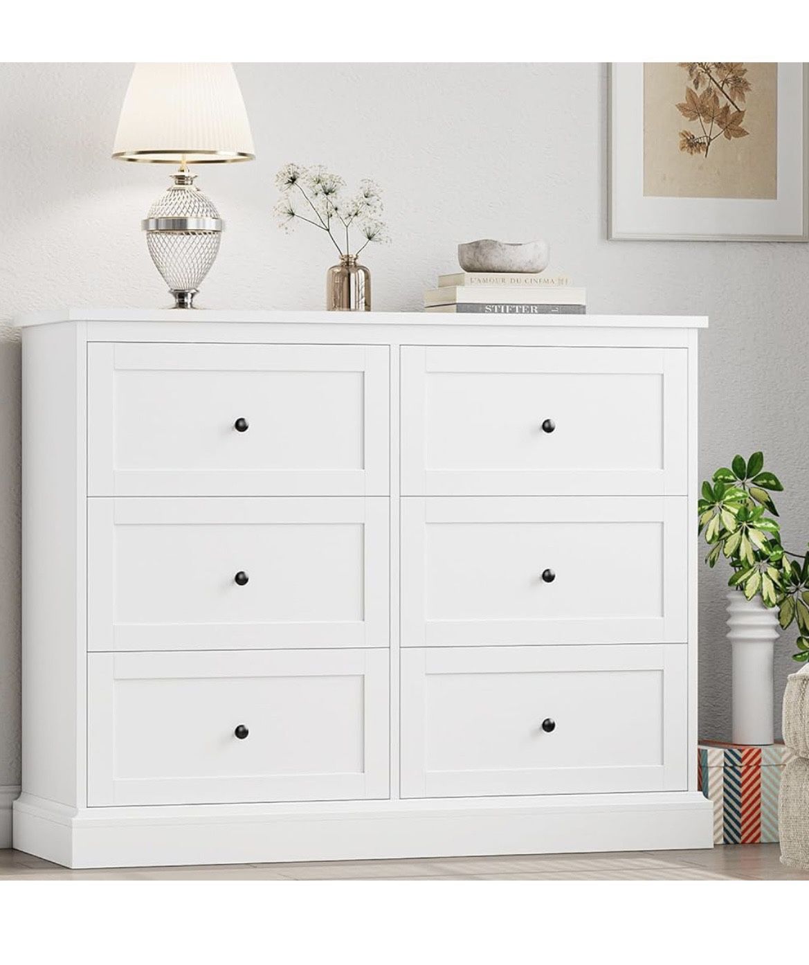 O61 White Dresser, 6 Drawer Dresser White, Modern Double Chest with Deep Drawers, Wide Storage Organizer Cabinet for Living Room Home Material