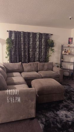 Practically brand new  Gray Corduroy Sectional Sofa with Ottoman