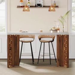 New assembled RY0179 55.12 in. Rectangle White Walnut Wood Mini Modern Freestanding Bar Table Faux Marble Finished Tabletop Home Kitchen