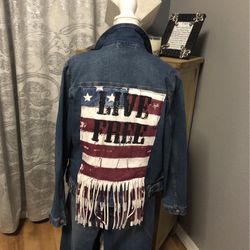 New Custom Jean Jacket “Live Free” Size L
