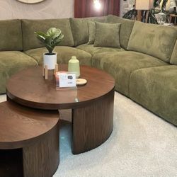 Green Modular Sectional Sofa Upholstered In Textured Chenille 