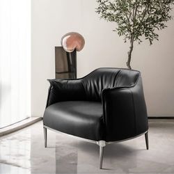 Archibald Chair, Nordic Accent Black Leather Armchair with Carbon Steel Foot, for Living Room, Bedroom, Study Room, Bar, Hotel, Office