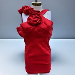 VTG Jessica McClintock One Shoulder Red Party Dress Big Rose Embellished Sz 2P