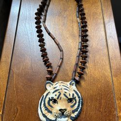 Vintage 80’s Porcelain Tiger Necklace signed By Artist