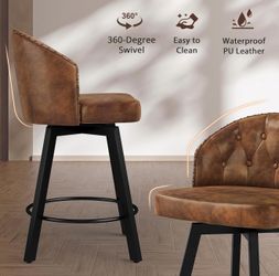 Set of 2, 26" Brown/360°C Swivel Faux Leather Height Bar Stools with Backs and Metal Legs