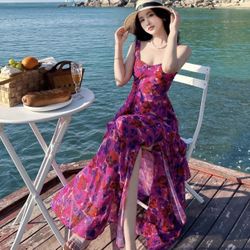 size：L，Women's Designer Floral Printing Sleeveless Summer Ruffles Long Party Dresses Boho Vacation D
