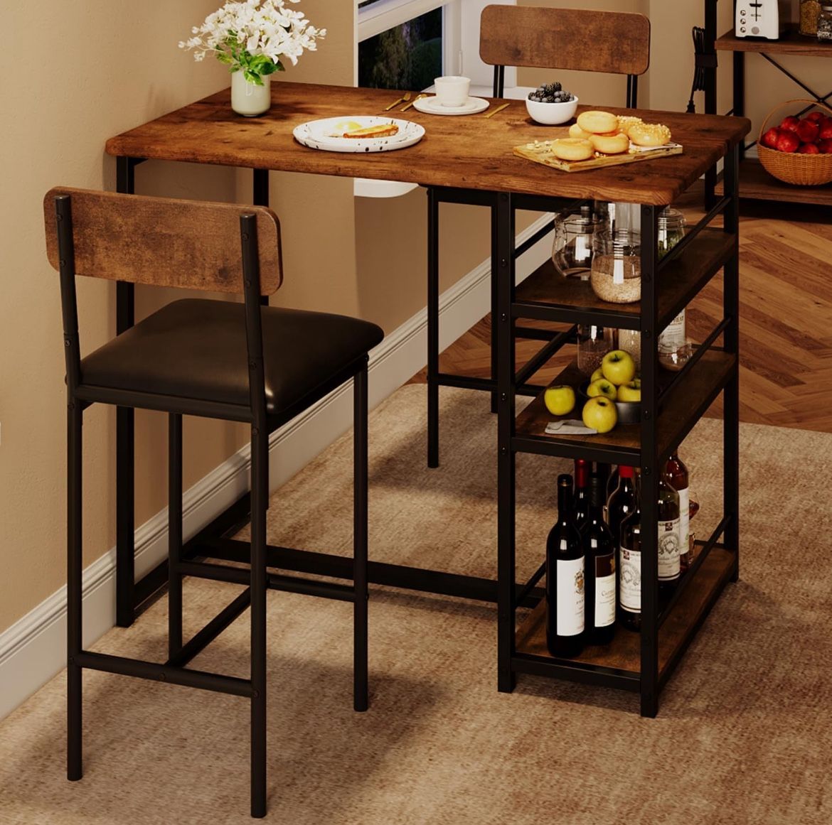 Dining Table / Chairs With Shelves (brown)