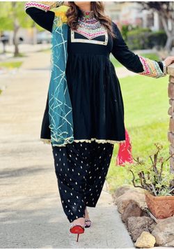 Elegant Black Afghan Dress Set with Traditional Embroidery & Dupatta