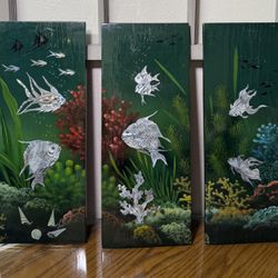 Vintage Mid-Century Lacquer Hand-Painted Mother of Pearl Inlay Koi Fish Wall Plaques set of 3(31)37