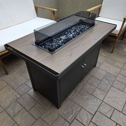 43" Outdoor Fire Pit Table , 55,000 BTU Patio Propane Fire Pit with Wood Grain Tabletop & Wind Guard, Black