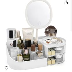 YGJT Makeup Organizer with Rechargeable Makeup Mirror, Skincare Cosmetics Organizer Countertop, Large Capacity Cosmetic Display Case for Vanity, Bedro