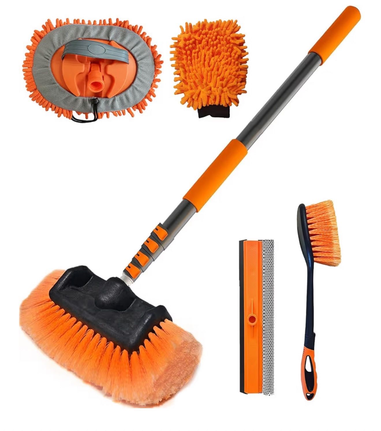 20FT Reach Car Wash Brush with Long Handle, Car Cleaning Kit with Soft Bristle Wash Brush, Microfiber Cleaning Mop, Window Squeegee, Mitt, Wheel Brush