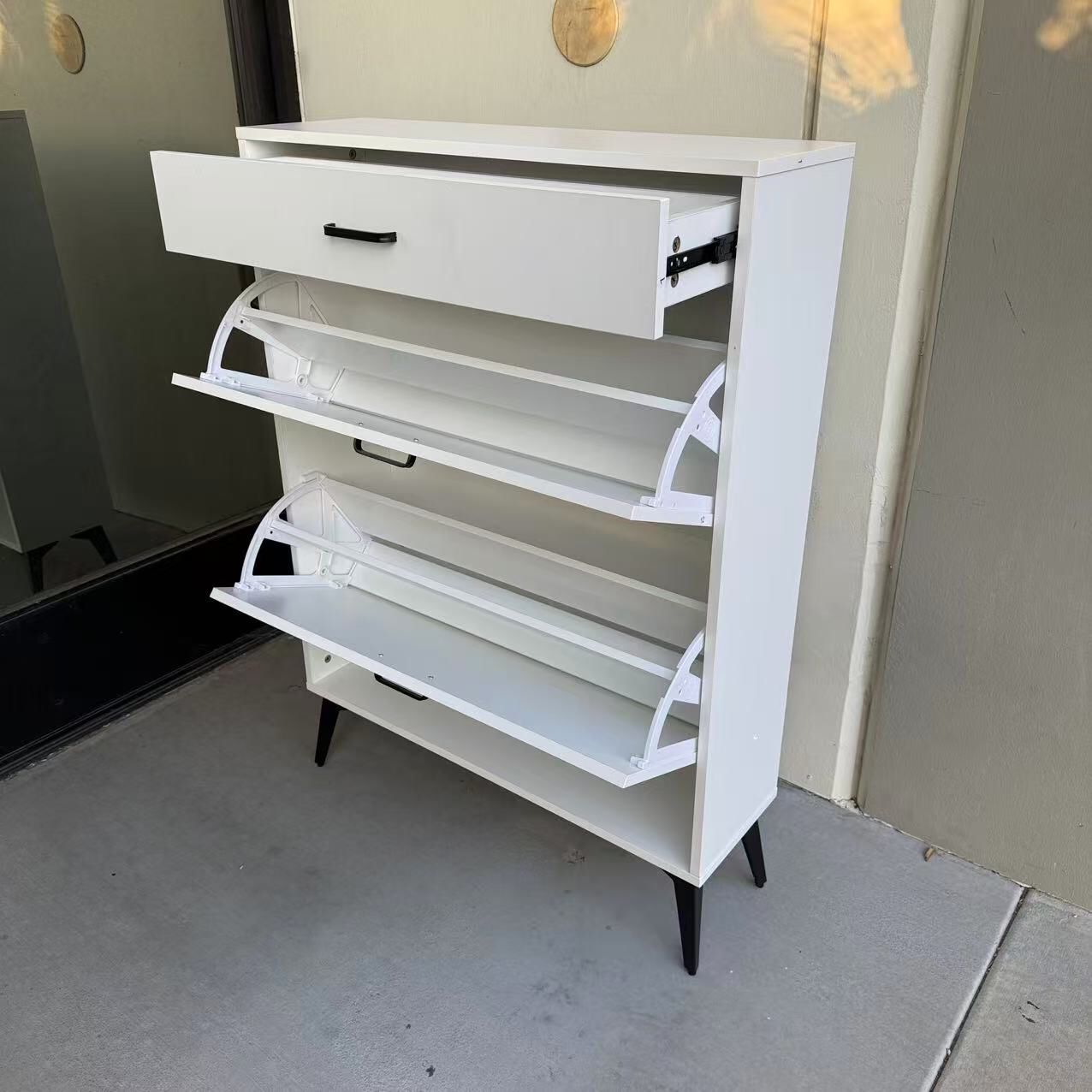 New In Box 32x10x44 Inch Tall Heavy Duty Material Shoe Storage Shelf White Cabinet With Double Fold Down Drawer Organizer