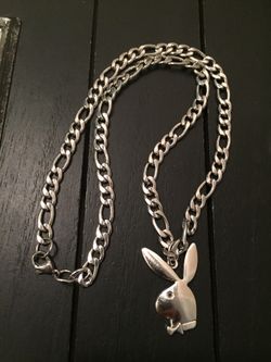 18” Rhodium Plated Cubano Cuban Style Silver Necklace with Playboy Bunny Pendant