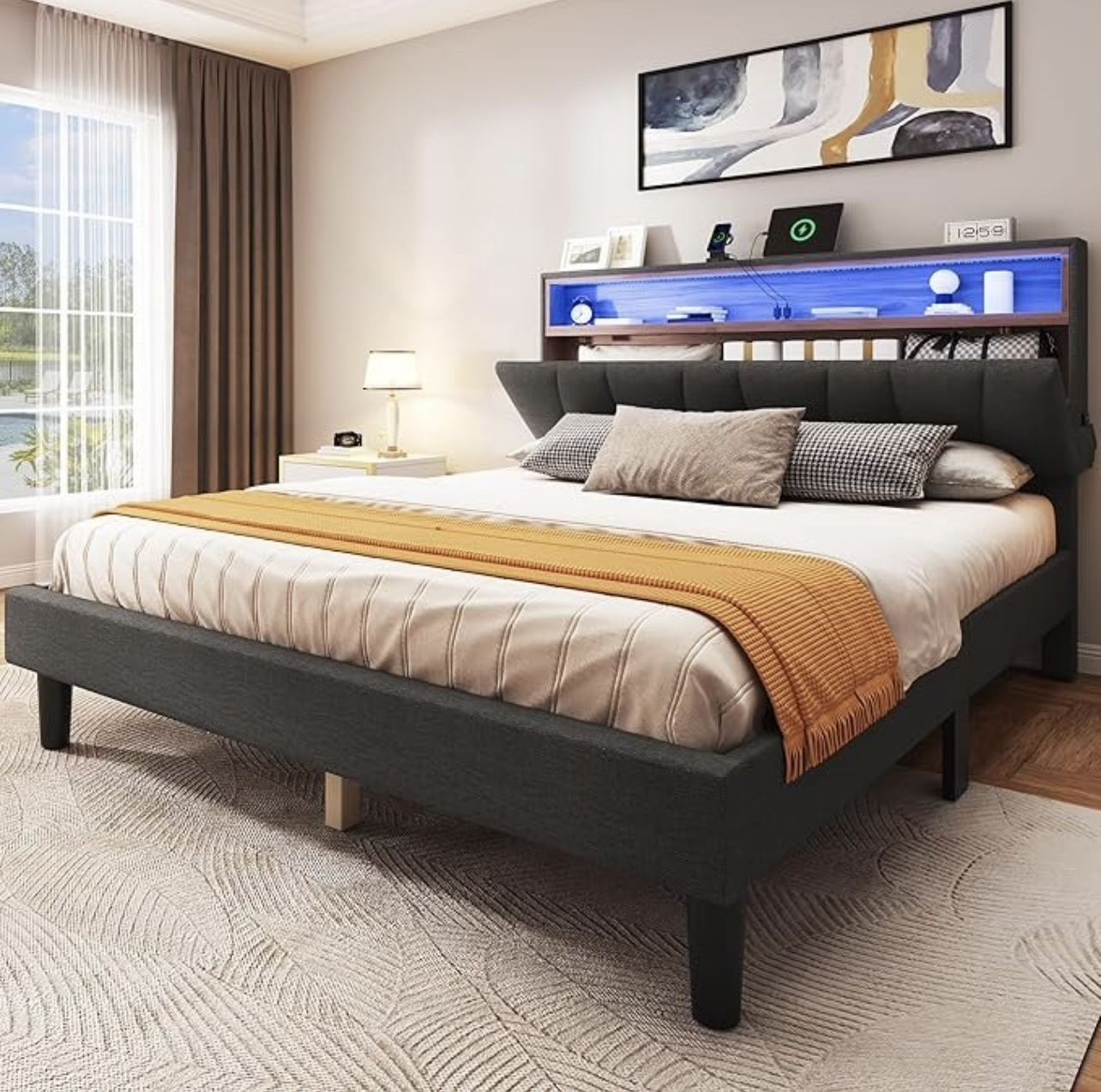 BED FRAME QUEEN SIZE WITH STORAGE HEADBOARD AND LED LIGHTING BRAND NEW IN BOX!!!