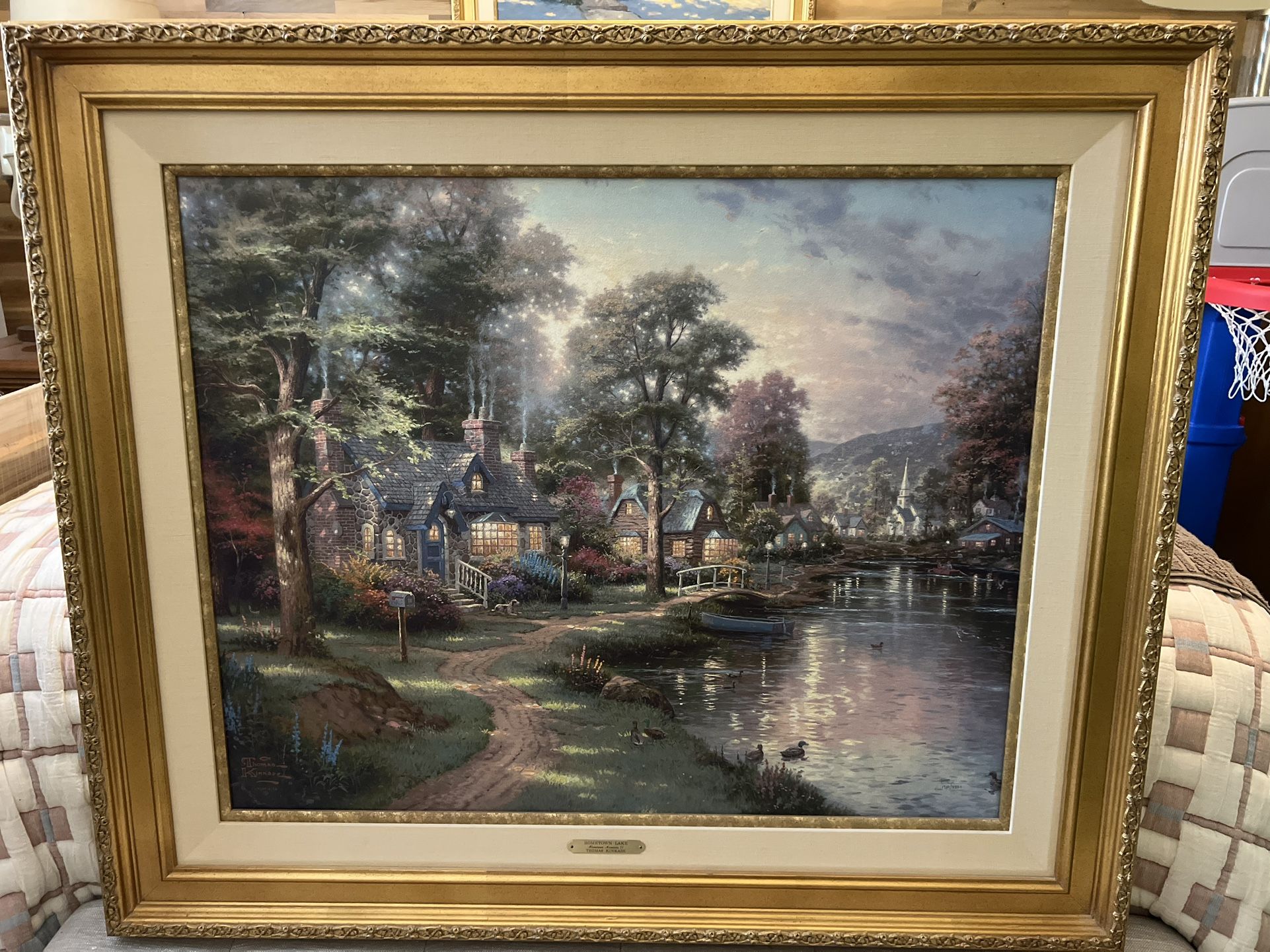 Thomas Kinkade Hometown Lake 24×30 SN Canvas #1930/4950 – Antique Gold Frame