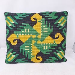 Handmade Green Yellow Cross Stitched Throw Pillow Bohemian Hippie Needlepoint

