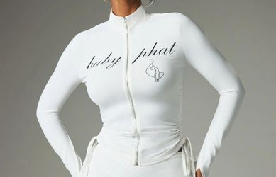 Baby Phat High Neck Zip Up Long Sleeve Ruched Side White Jacket
