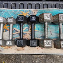 SET  OF  STEEL HEX  DUMBBELLS (PAIRS OF)  :  8s  12s  20s