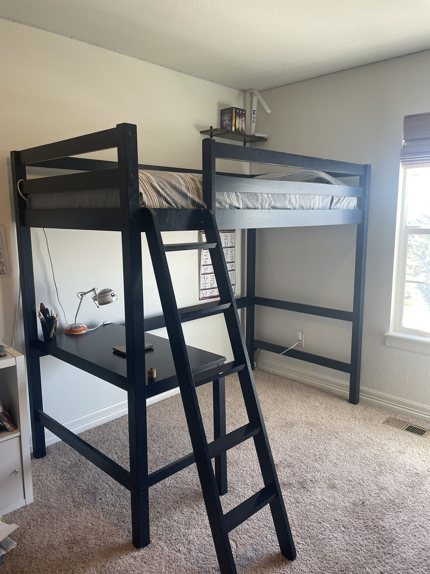 Wooden Loft Bed With Desk Navy Blue