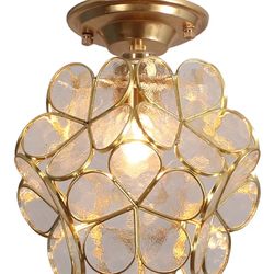Modern Gold Glass Metal Ceiling Fixture, Round Shade, 8in x 6.7in