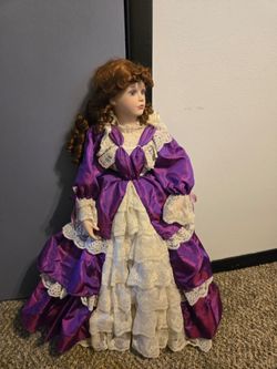 Porcelain Collector Doll Purple Satin Lace Dress