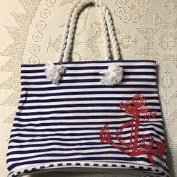 Anchor Sequined Striped Canvas Hobo Beach Bag - White & Red Stripes