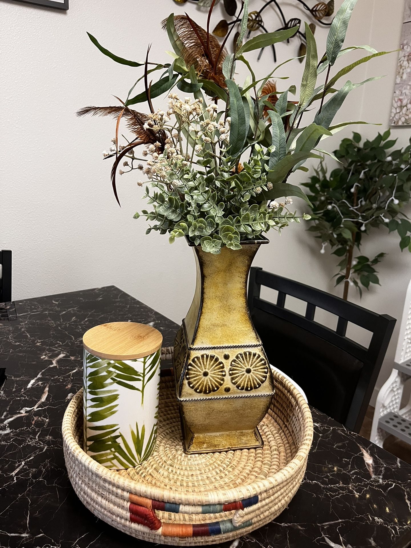 Home decor, Vintage Looking Vase with Flowers and a Candle Holder with Lid and a Wicker Basket Tray!