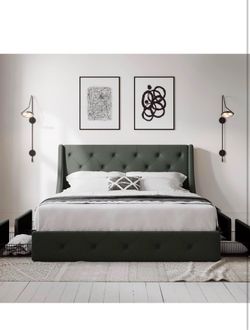 Allewie Queen Bed Frame with 4 Storage Drawers and Wingback Headboard, Button Tufted Design, No Box Spring Needed, Dark Grey  196 170$