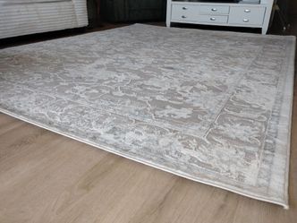 Available until it says sold!!  Living room or bedroom rug 6 ft by 9 ft cream metallic shimmery look with turquoise blue and gray color within the rug
