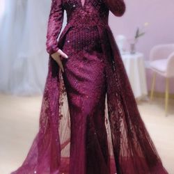 Maroon Long Sleeve  Sequin Over Skirt Gown Dress Heavily Beaded Modest Size 12